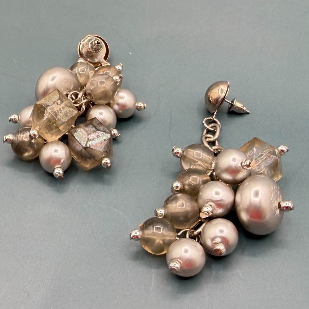 Silver Tone Faux Pearl Smoky Faceted Cluster Dangle Earrings Statement Vintage